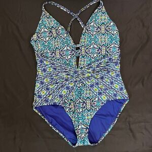 La Blanca Womens 20W Blue Geometric Twist Front One Piece Swimsuit V-Neck Cutout